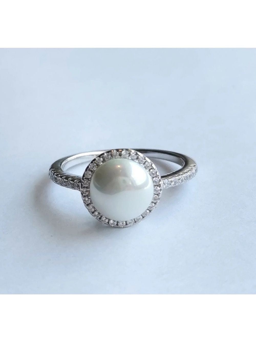 White Freshwater Pearl with CZ Halo Ring Size 7